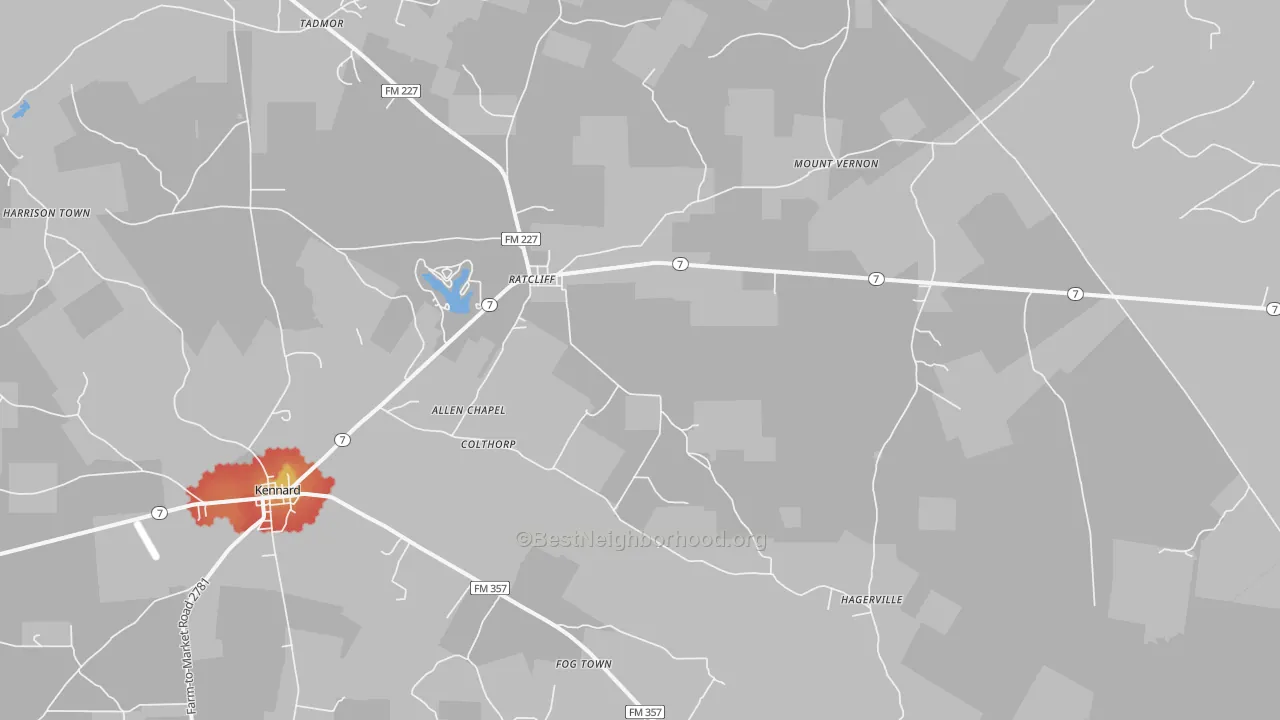 Walk Grade map of Ratcliff, TX, walkable areas in green and car-dependent areas in red
