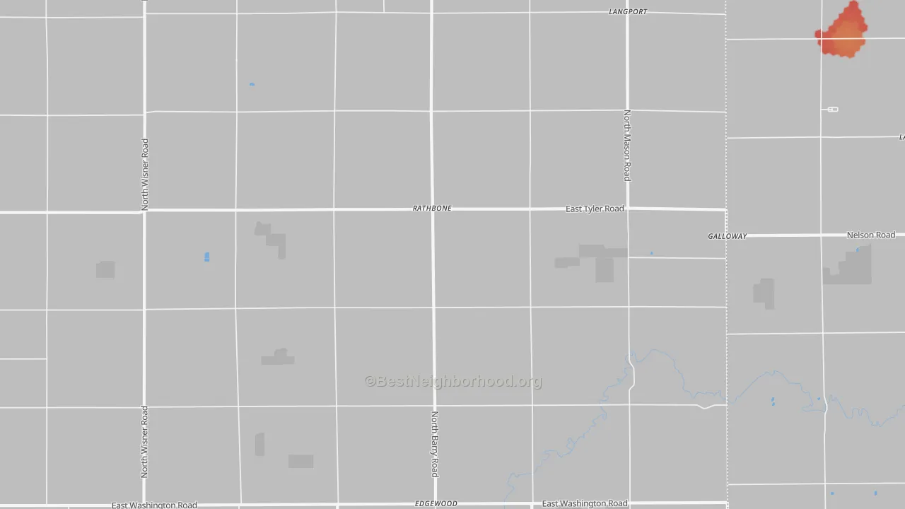 Walk Grade map of Rathbone, MI, walkable areas in green and car-dependent areas in red