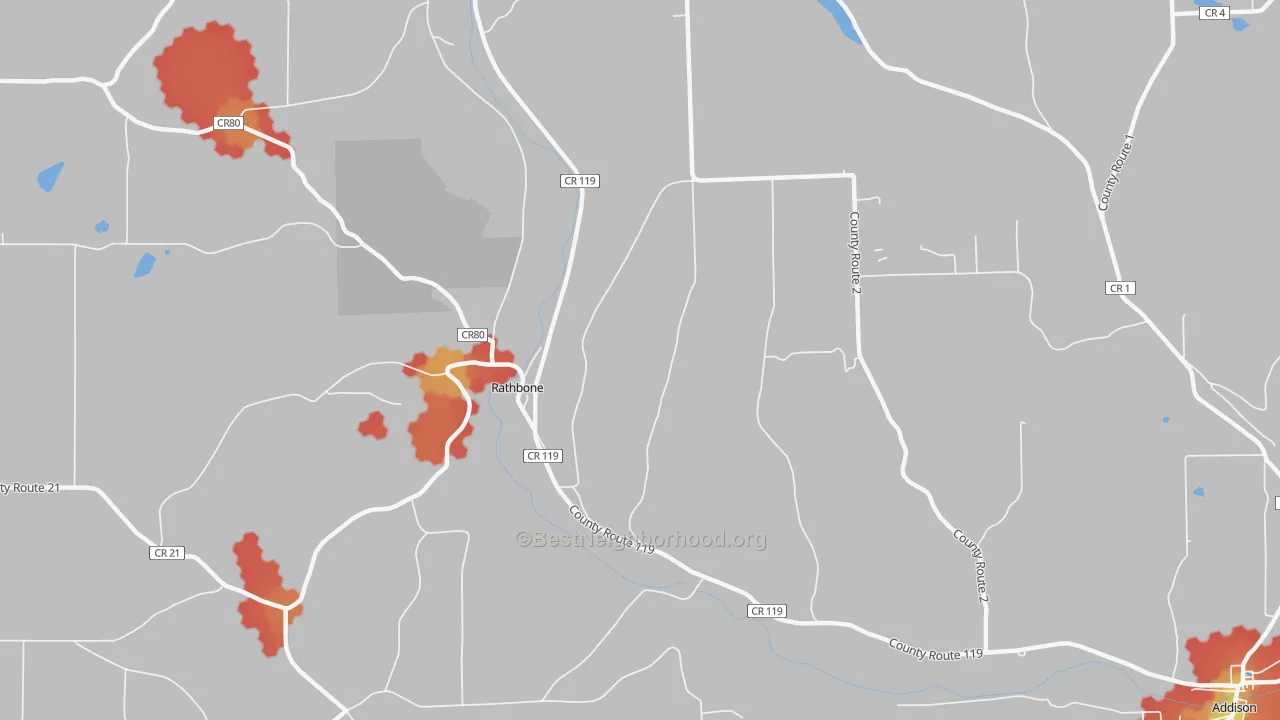 Walk Grade map of Rathbone, NY, walkable areas in green and car-dependent areas in red