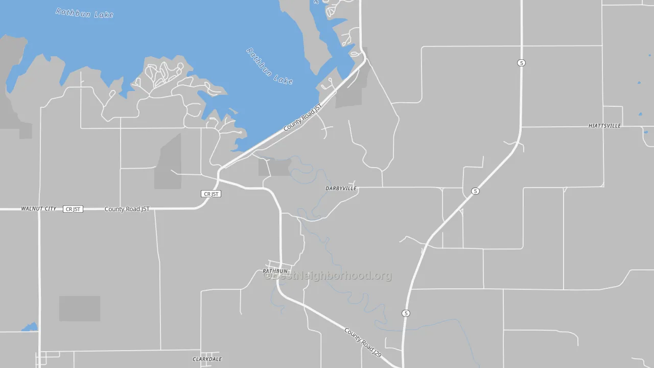 Walk Grade map of Rathbun, IA, walkable areas in green and car-dependent areas in red