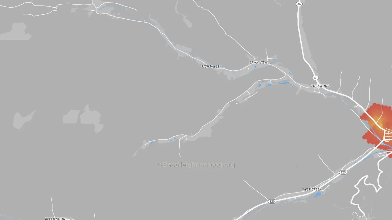 Walk Grade map of Rathbun, PA, walkable areas in green and car-dependent areas in red