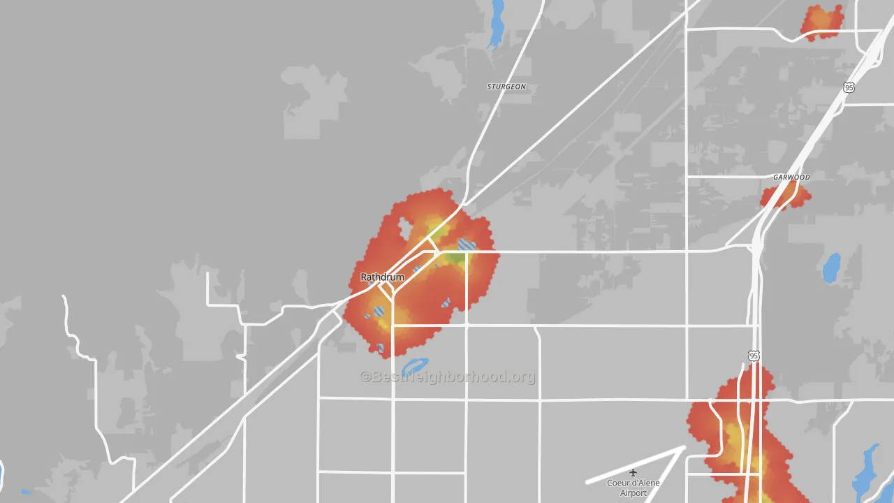 Walk Grade map of Rathdrum, ID, walkable areas in green and car-dependent areas in red