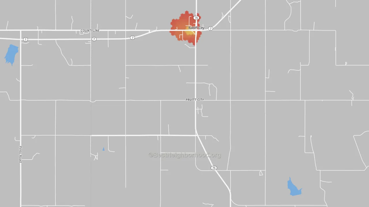 Walk Grade map of Ratliff City, OK, walkable areas in green and car-dependent areas in red