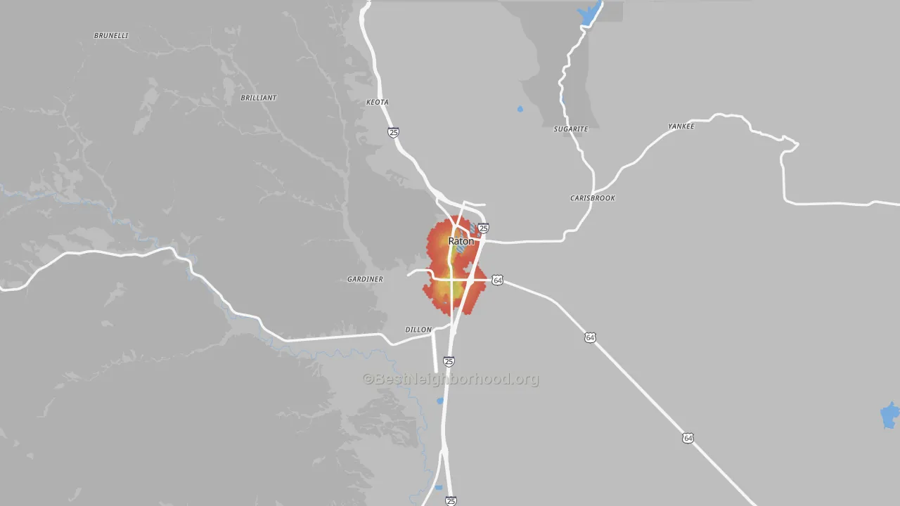 Walk Grade map of Raton, NM, walkable areas in green and car-dependent areas in red