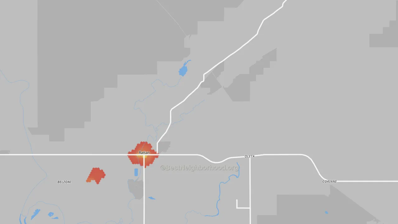 Walk Grade map of Rattan, OK, walkable areas in green and car-dependent areas in red