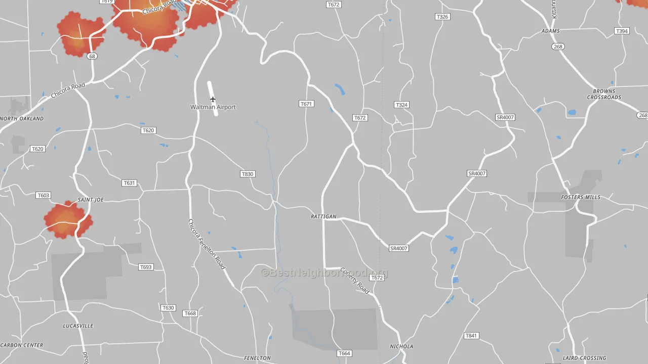 Walk Grade map of Rattigan, PA, walkable areas in green and car-dependent areas in red