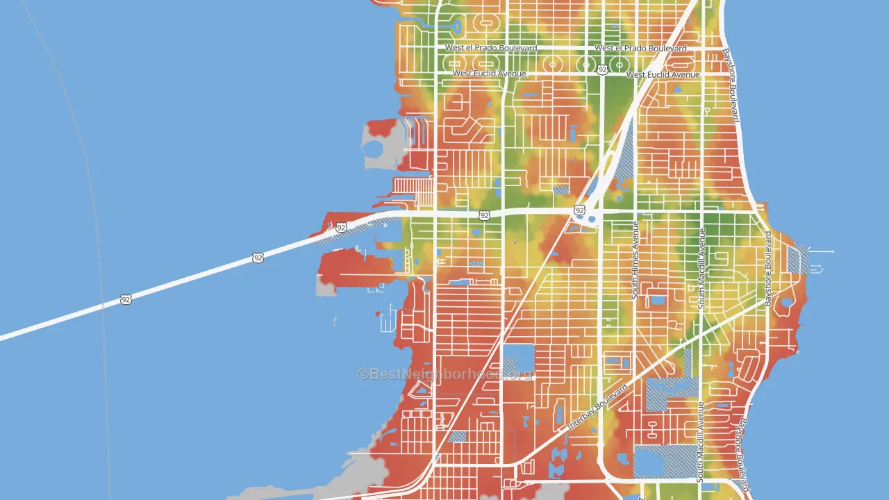 Walk Grade map of Rattlesnake, Tampa, FL, walkable areas in green and car-dependent areas in red