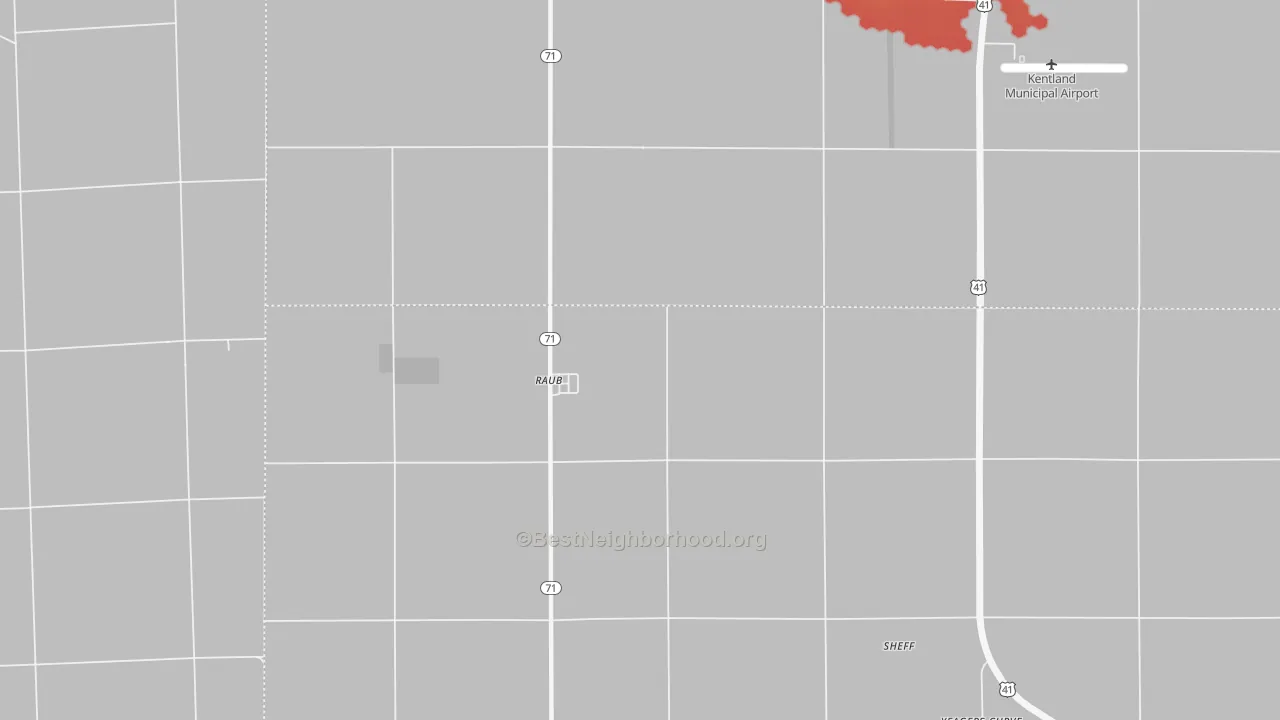 Walk Grade map of Raub, IN, walkable areas in green and car-dependent areas in red