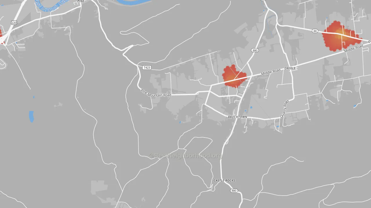 Walk Grade map of Rauchtown, PA, walkable areas in green and car-dependent areas in red