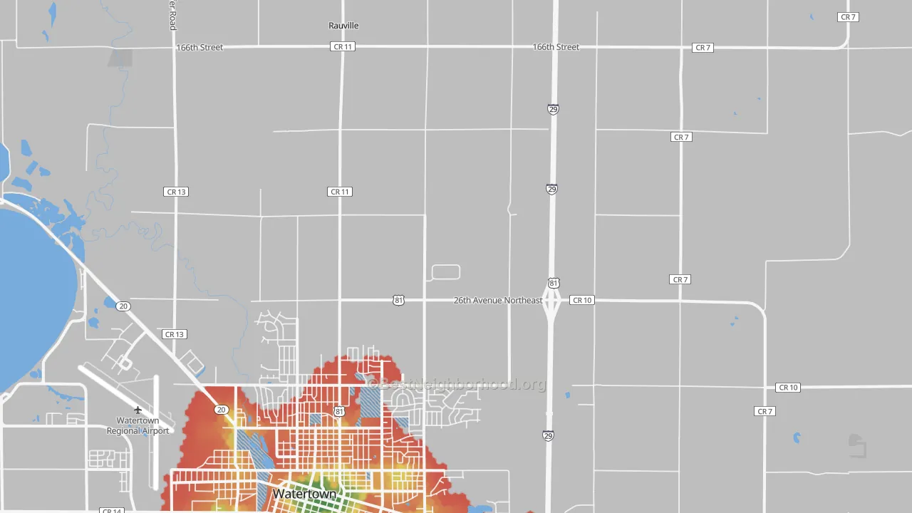 Walk Grade map of Rauville, SD, walkable areas in green and car-dependent areas in red