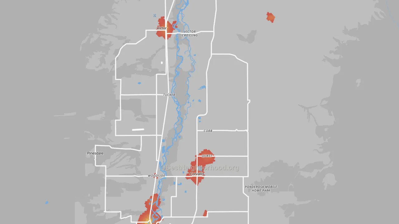 Walk Grade map of Ravalli County, MT, walkable areas in green and car-dependent areas in red