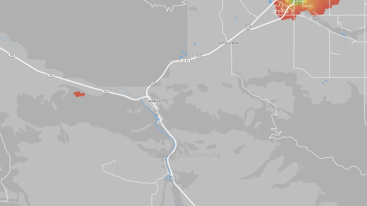 Walk Grade map of Ravalli, MT, walkable areas in green and car-dependent areas in red