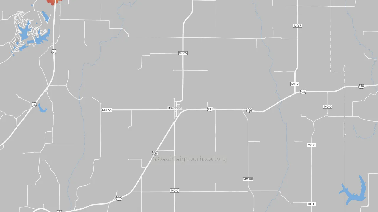 Walk Grade map of Ravanna, MO, walkable areas in green and car-dependent areas in red