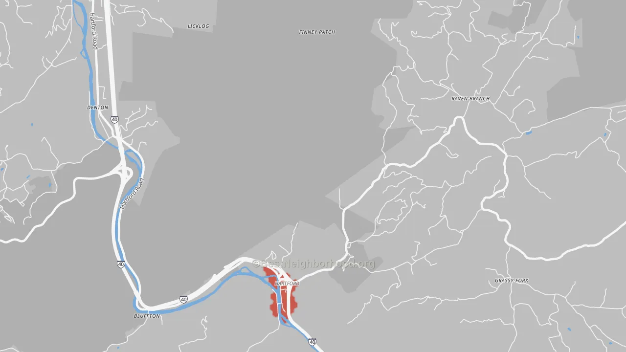 Walk Grade map of Raven Branch, TN, walkable areas in green and car-dependent areas in red