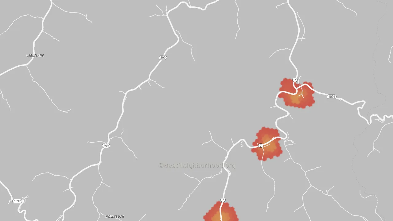 Walk Grade map of Raven, KY, walkable areas in green and car-dependent areas in red