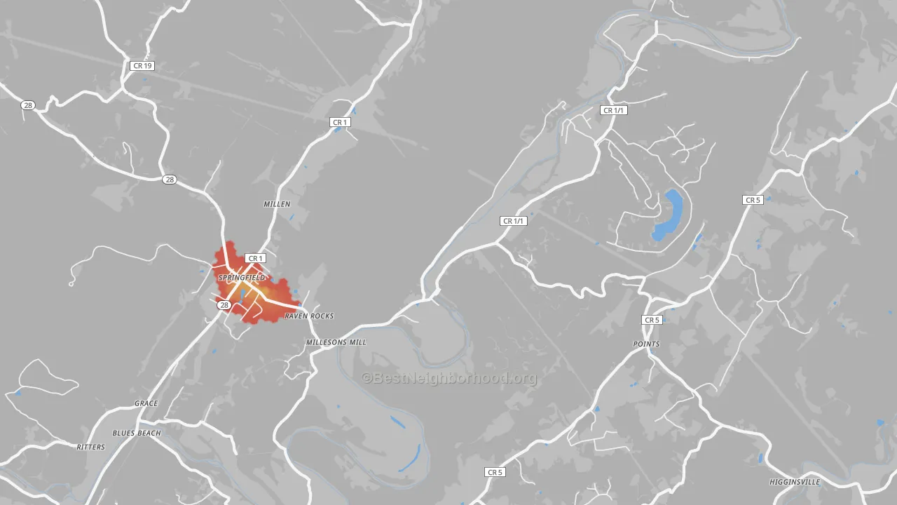 Walk Grade map of Raven Rocks, WV, walkable areas in green and car-dependent areas in red