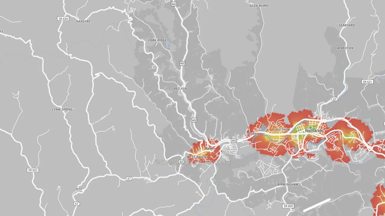 Walk Grade map of Raven, VA, walkable areas in green and car-dependent areas in red
