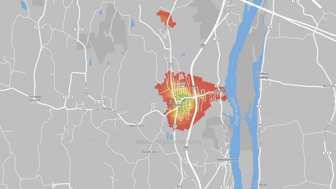 Walk Grade map of Ravena, NY, walkable areas in green and car-dependent areas in red
