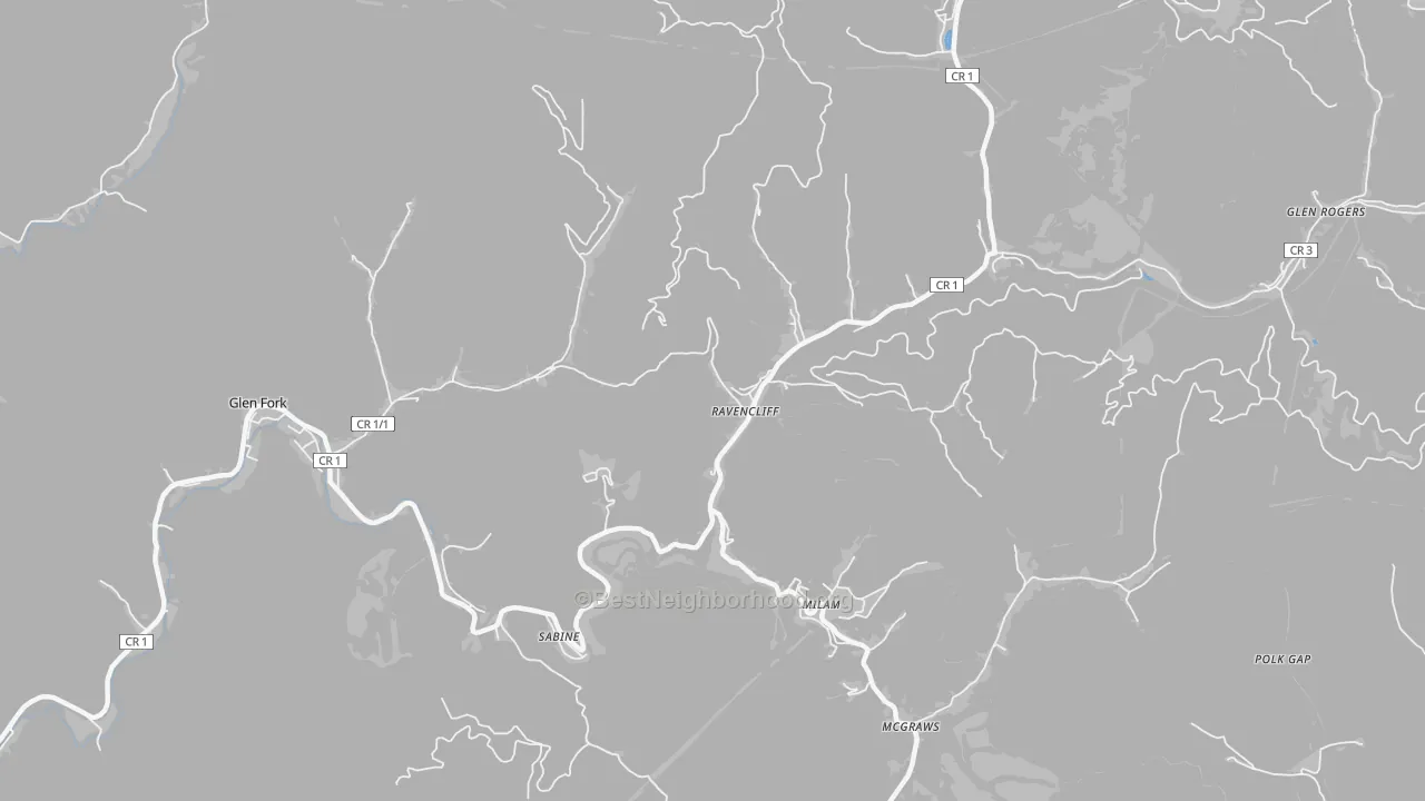 Walk Grade map of Ravencliff, WV, walkable areas in green and car-dependent areas in red
