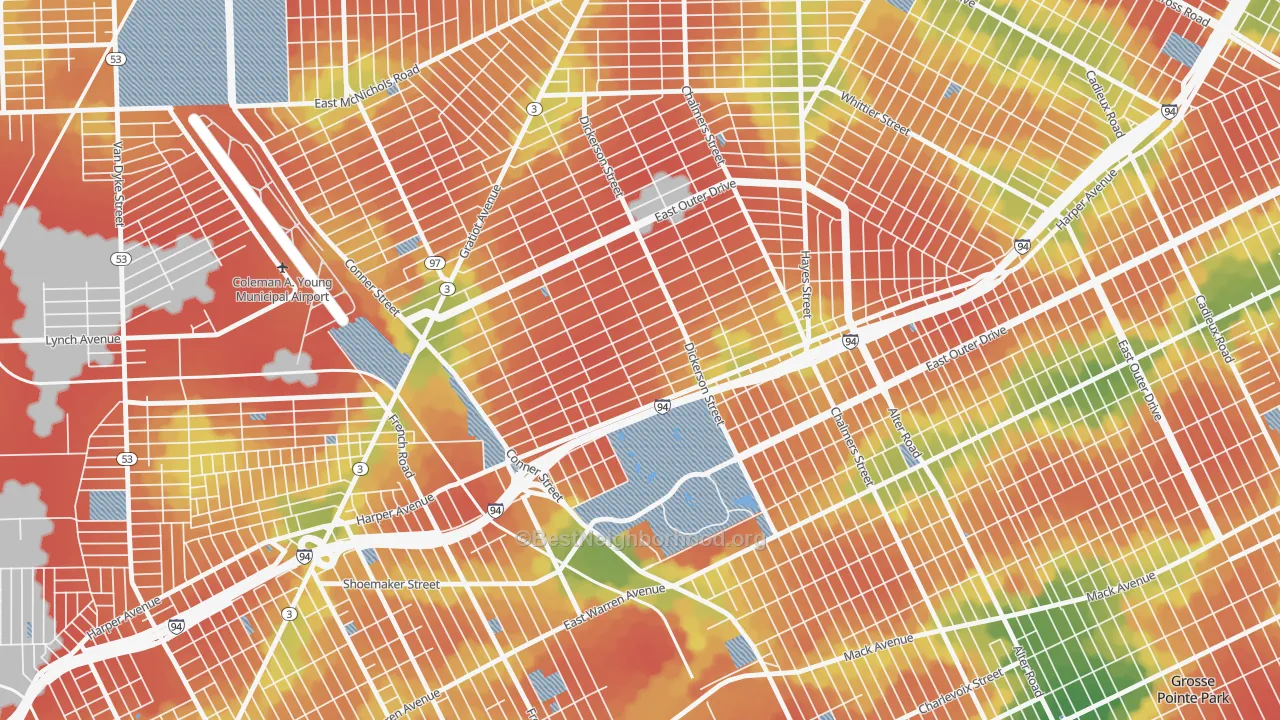 Walk Grade map of Ravendale, Detroit, MI, walkable areas in green and car-dependent areas in red
