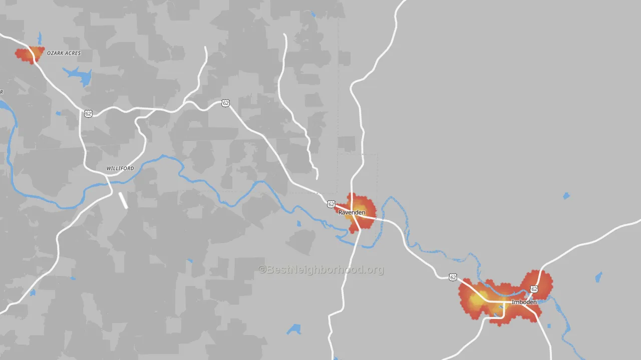 Walk Grade map of Ravenden, AR, walkable areas in green and car-dependent areas in red