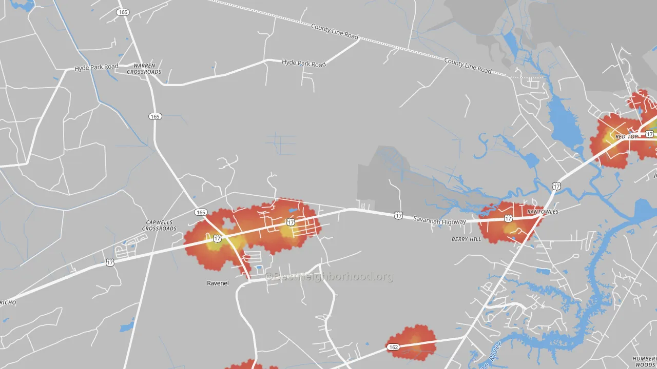 Walk Grade map of Ravenel, SC, walkable areas in green and car-dependent areas in red
