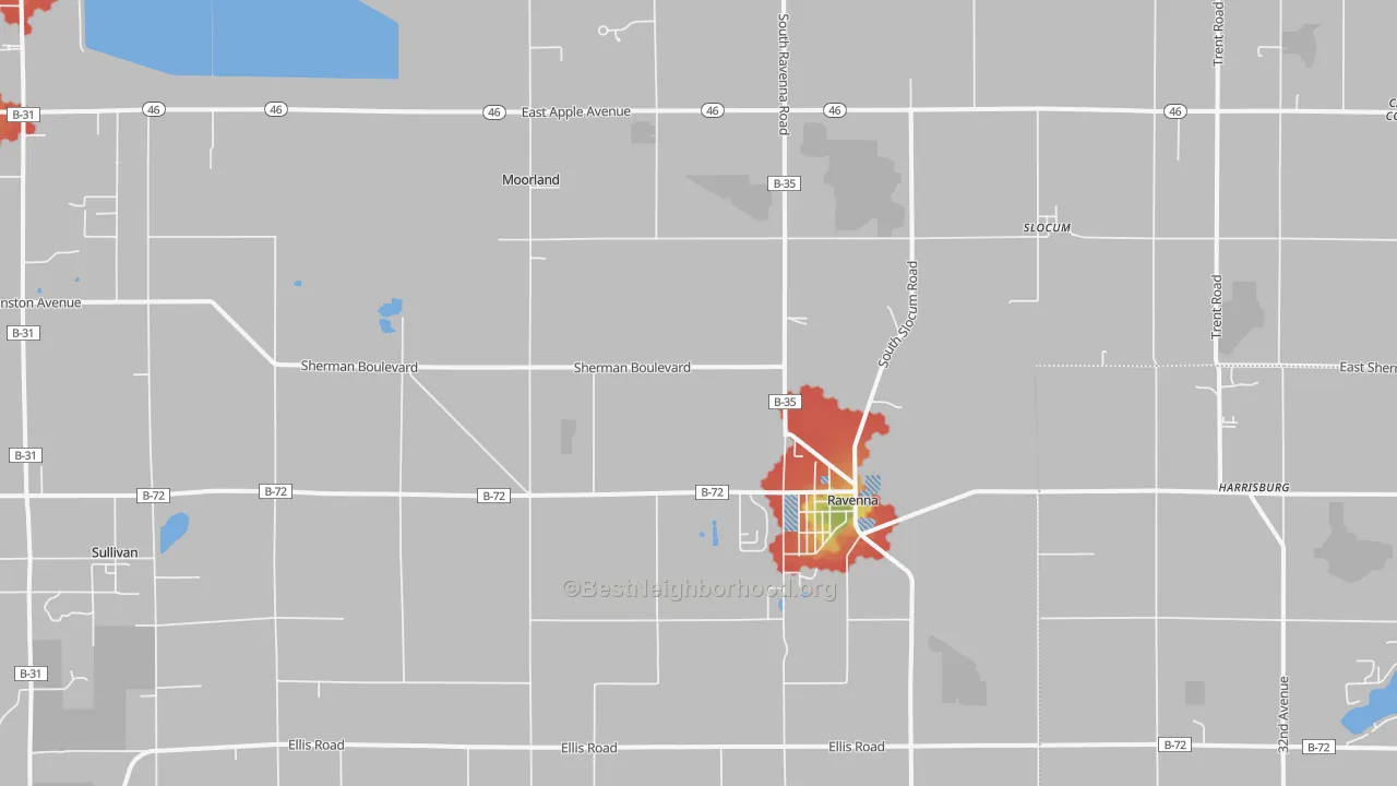Walk Grade map of Ravenna, MI, walkable areas in green and car-dependent areas in red