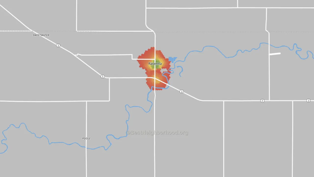 Walk Grade map of Ravenna, NE, walkable areas in green and car-dependent areas in red