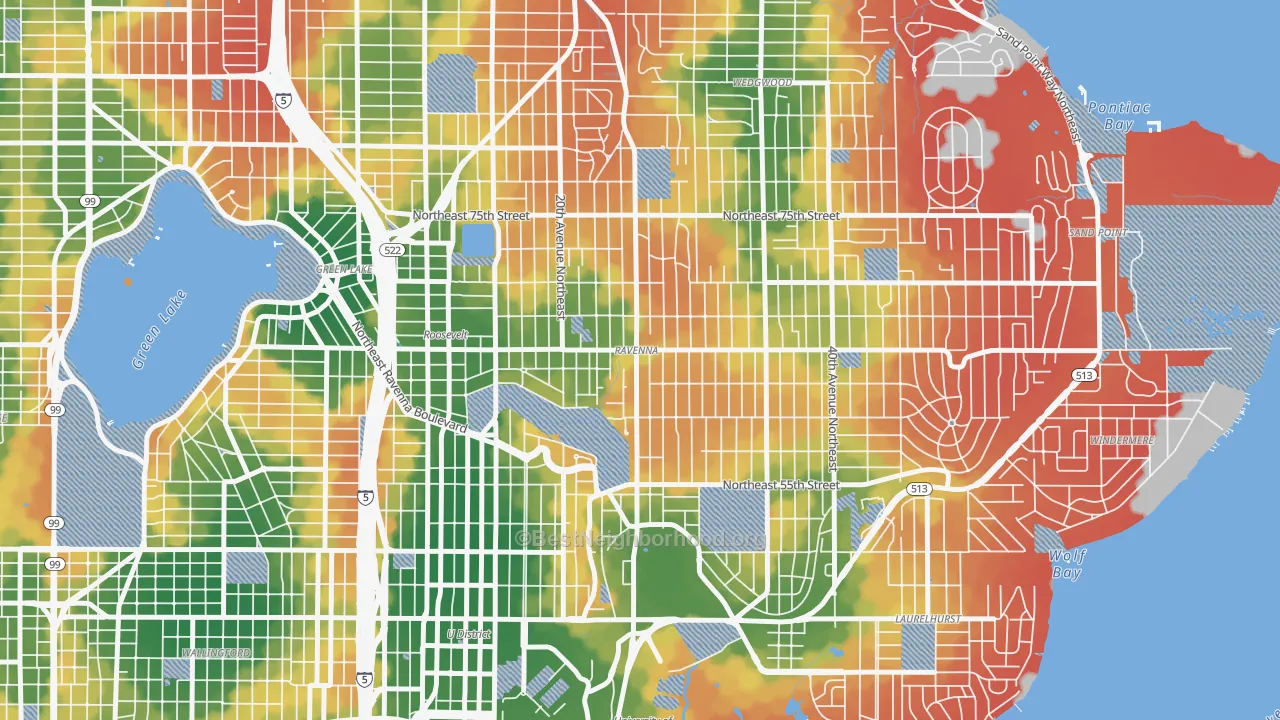 Walk Grade map of Ravenna, Seattle, WA, walkable areas in green and car-dependent areas in red