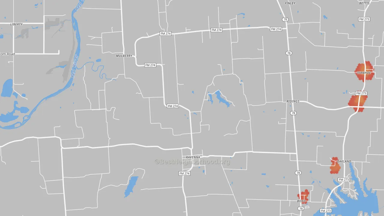 Walk Grade map of Ravenna, TX, walkable areas in green and car-dependent areas in red