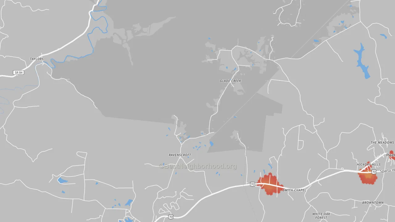 Walk Grade map of Ravenscroft, TN, walkable areas in green and car-dependent areas in red