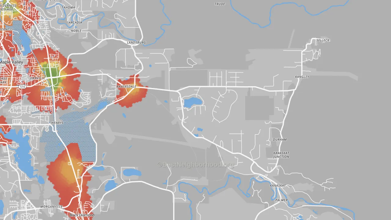 Walk Grade map of Ravensdale, WA, walkable areas in green and car-dependent areas in red