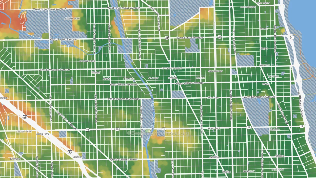Walk Grade map of Ravenswood Gardens, Chicago, IL, walkable areas in green and car-dependent areas in red