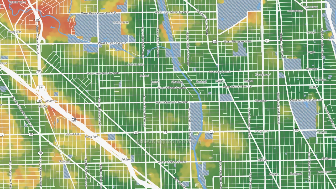 Walk Grade map of Ravenswood Manor, Chicago, IL, walkable areas in green and car-dependent areas in red