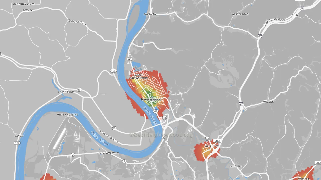 Walk Grade map of Ravenswood, WV, walkable areas in green and car-dependent areas in red