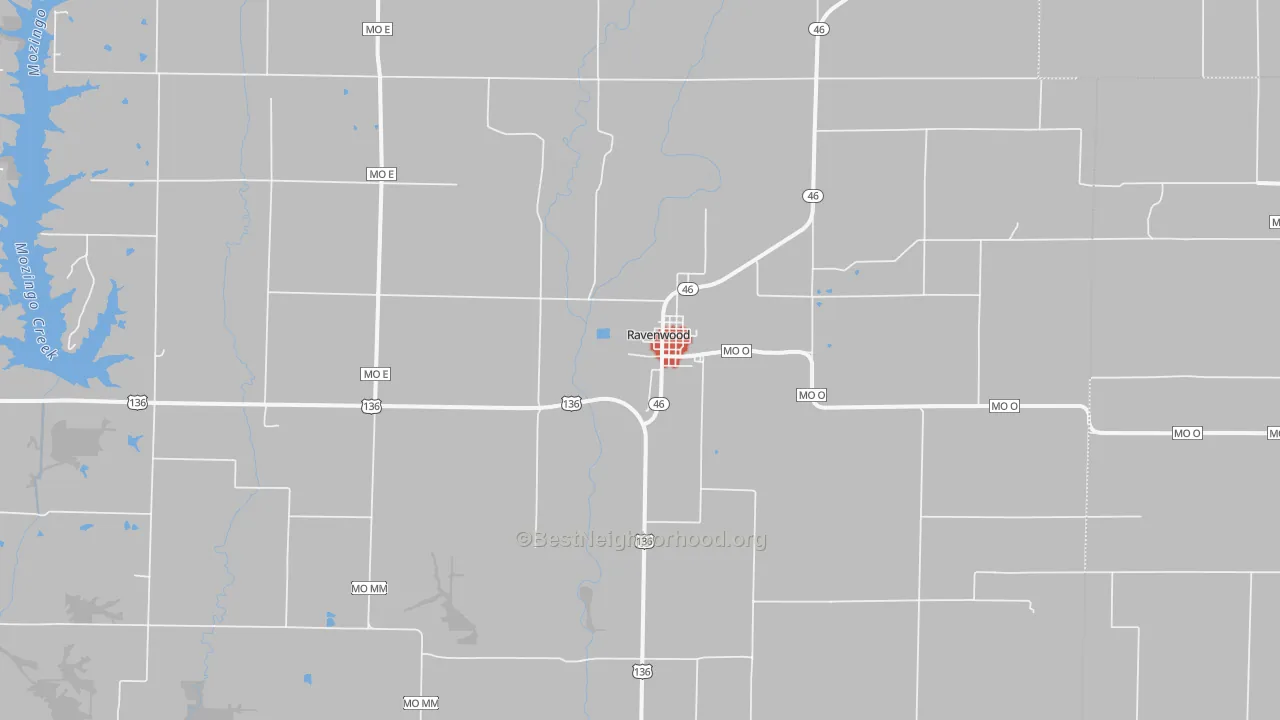 Walk Grade map of Ravenwood, MO, walkable areas in green and car-dependent areas in red
