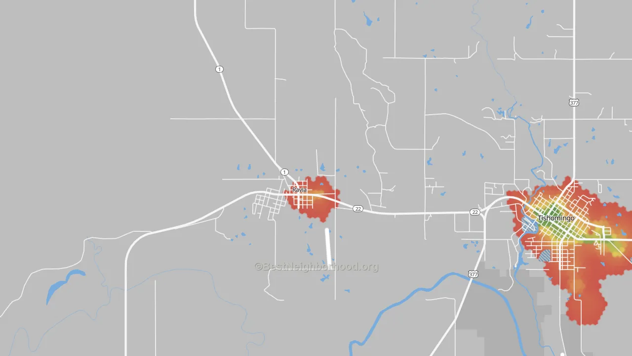 Walk Grade map of Ravia, OK, walkable areas in green and car-dependent areas in red