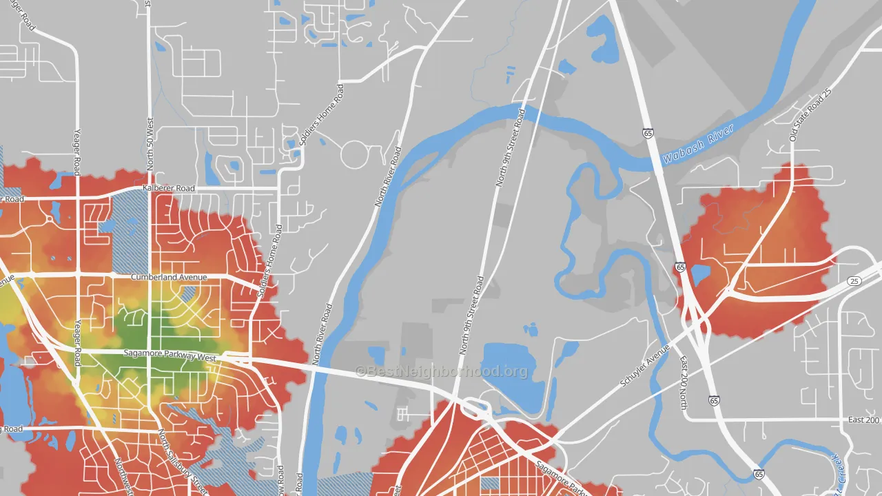 Walk Grade map of Ravinamy, IN, walkable areas in green and car-dependent areas in red