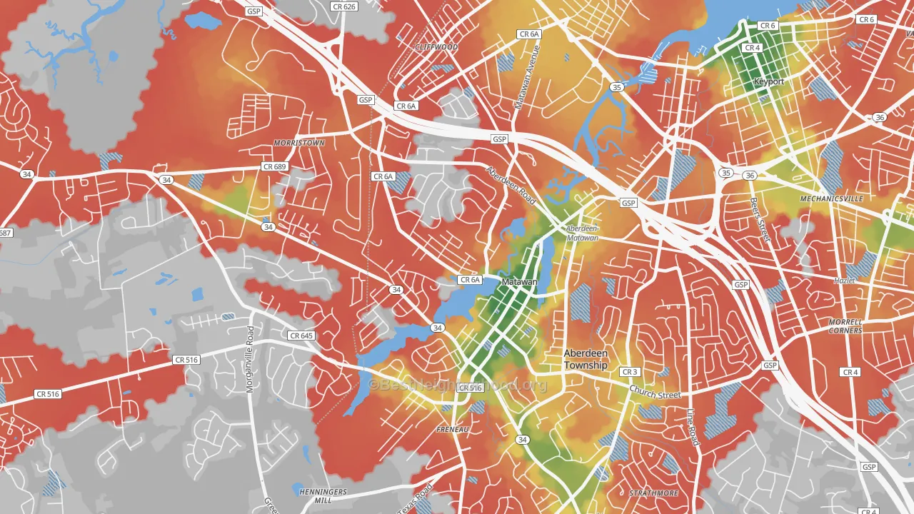 Walk Grade map of Ravine Gardens, Matawan, NJ, walkable areas in green and car-dependent areas in red
