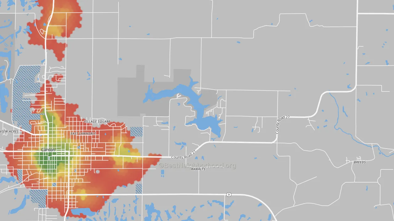 Walk Grade map of Rawalts, IL, walkable areas in green and car-dependent areas in red
