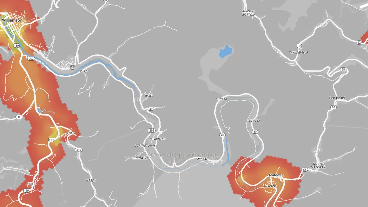 Walk Grade map of Rawl, WV, walkable areas in green and car-dependent areas in red