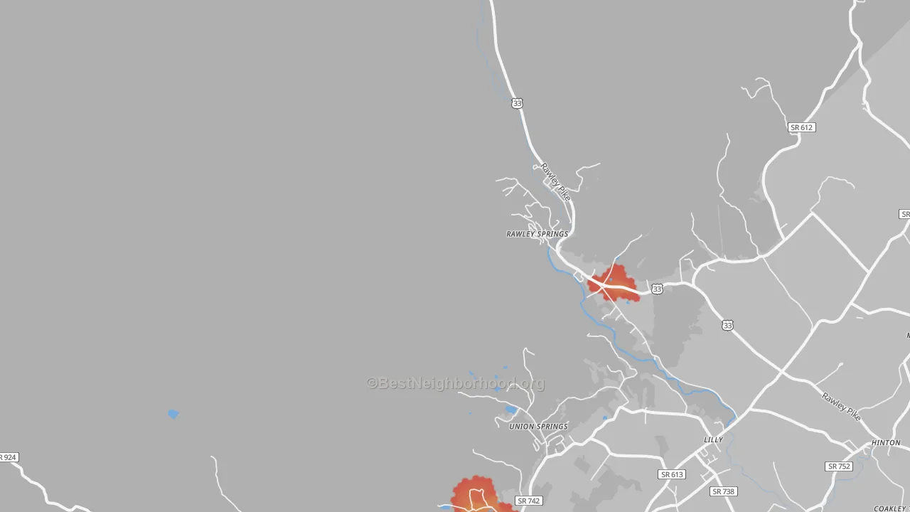 Walk Grade map of Rawley Springs, VA, walkable areas in green and car-dependent areas in red