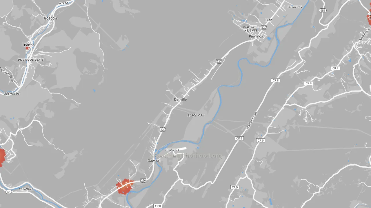 Walk Grade map of Rawlings, MD, walkable areas in green and car-dependent areas in red
