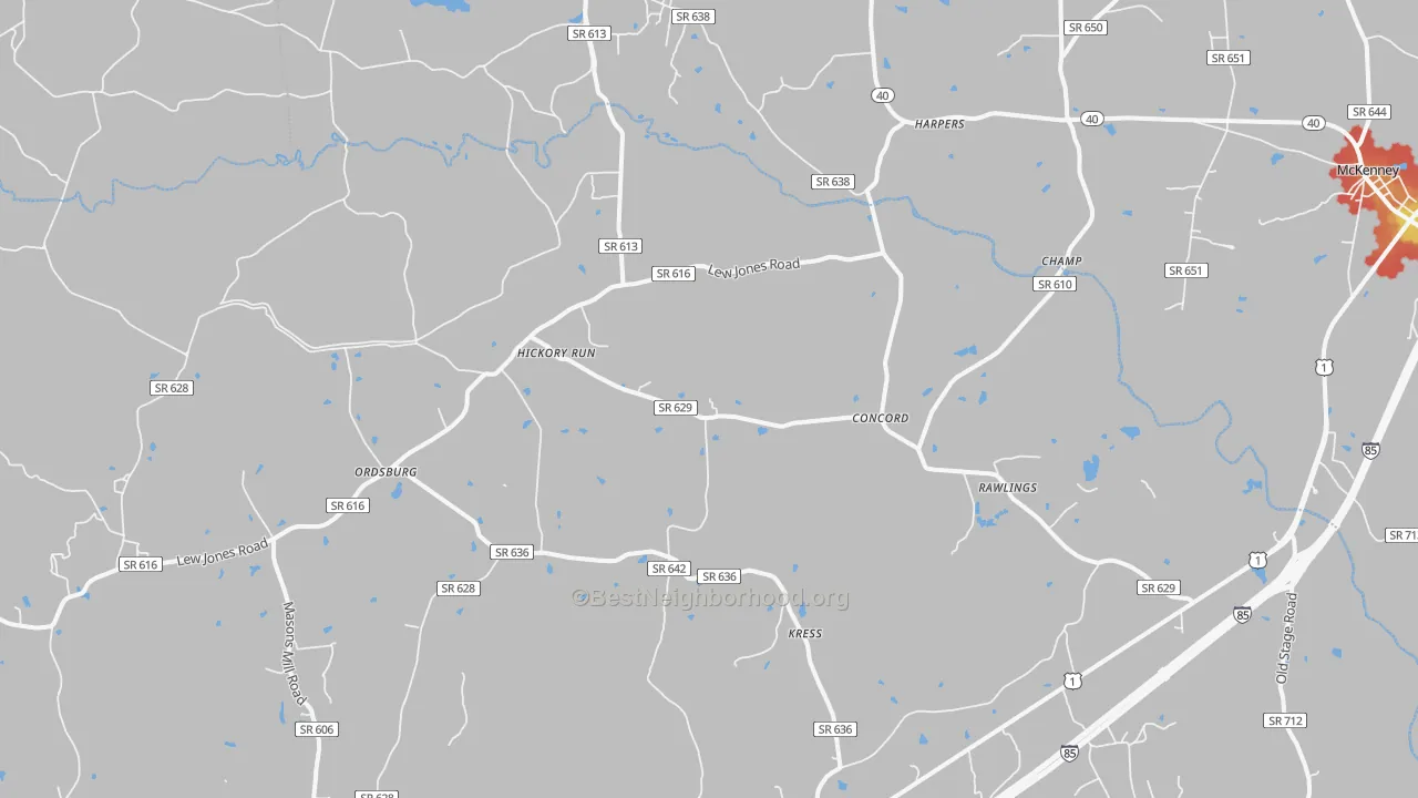 Walk Grade map of Rawlings, VA, walkable areas in green and car-dependent areas in red