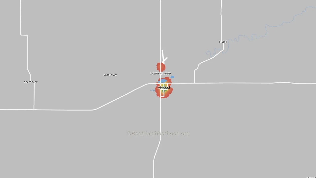 Walk Grade map of Rawlins County, KS, walkable areas in green and car-dependent areas in red