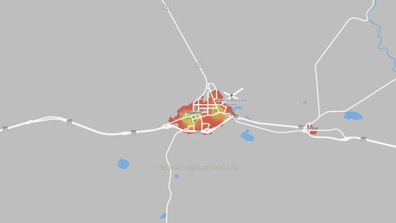 Walk Grade map of Rawlins, WY, walkable areas in green and car-dependent areas in red