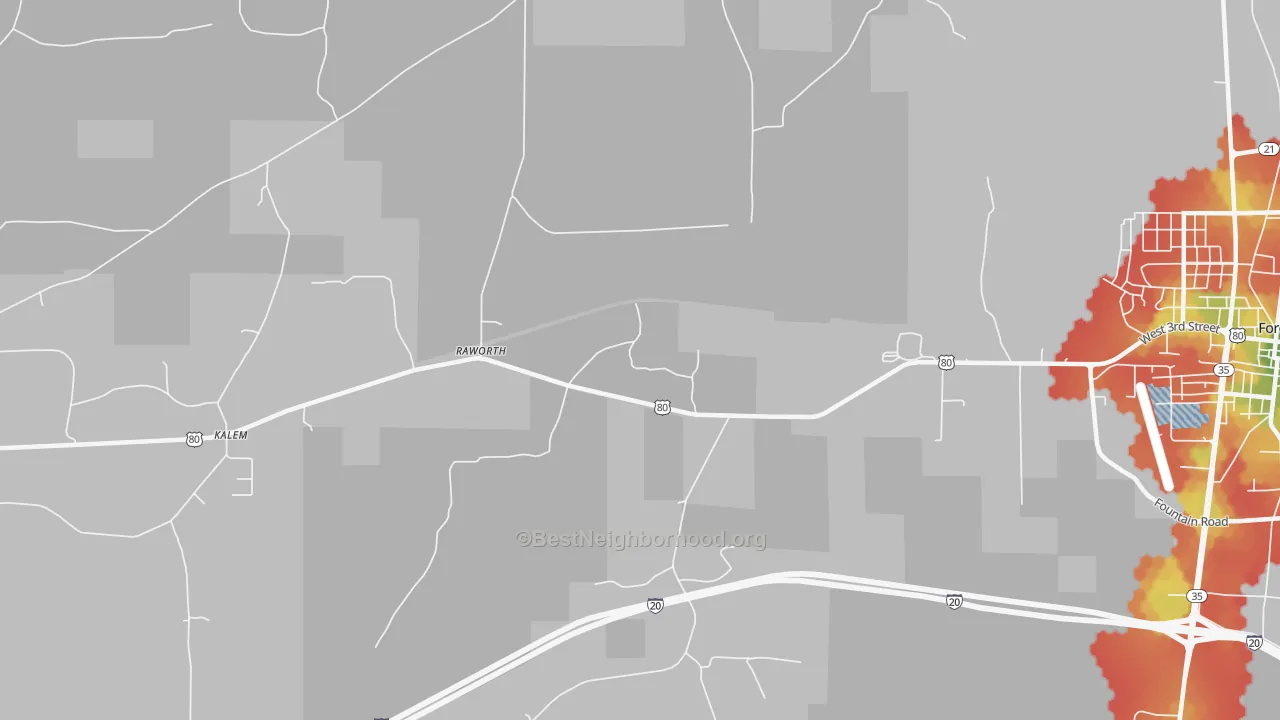 Walk Grade map of Raworth, MS, walkable areas in green and car-dependent areas in red