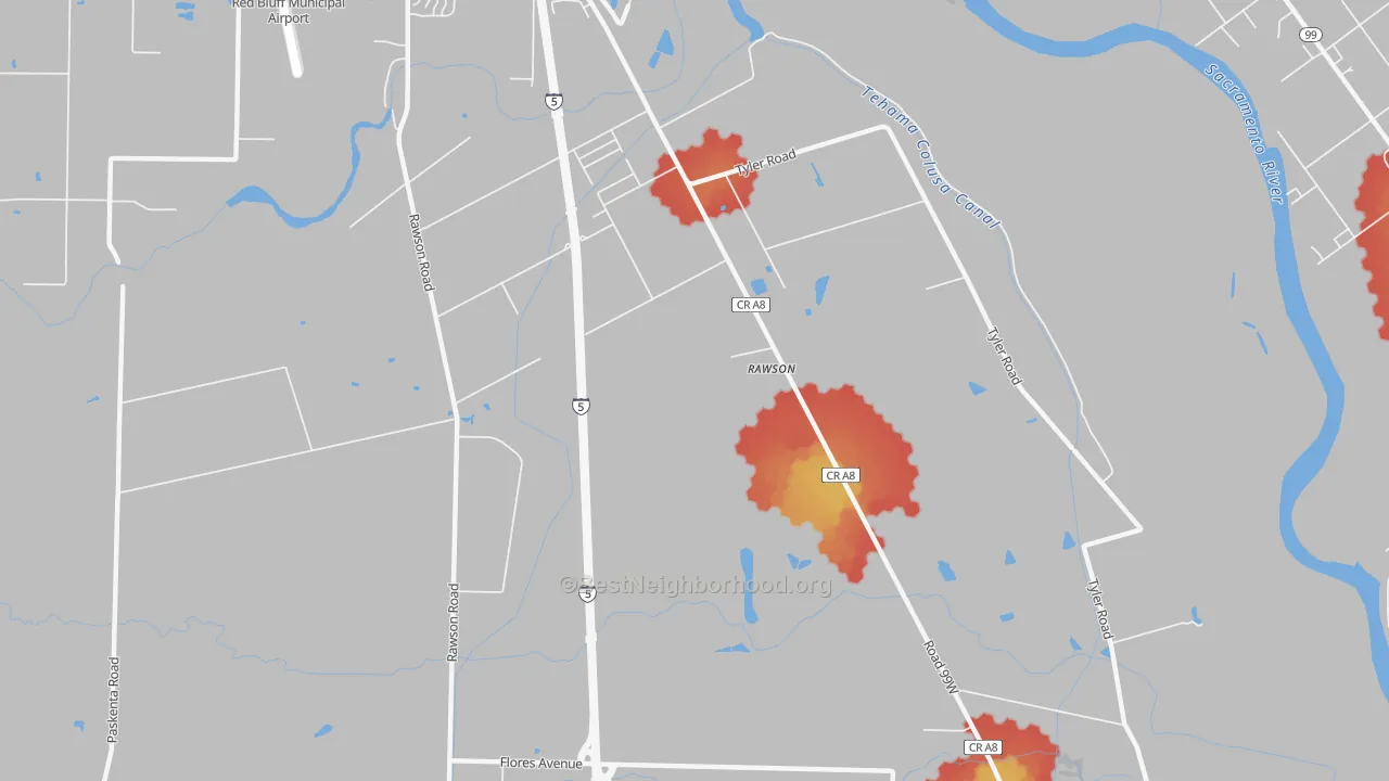 Walk Grade map of Rawson, CA, walkable areas in green and car-dependent areas in red
