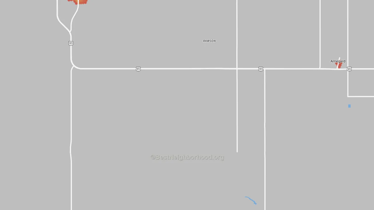 Walk Grade map of Rawson, ND, walkable areas in green and car-dependent areas in red