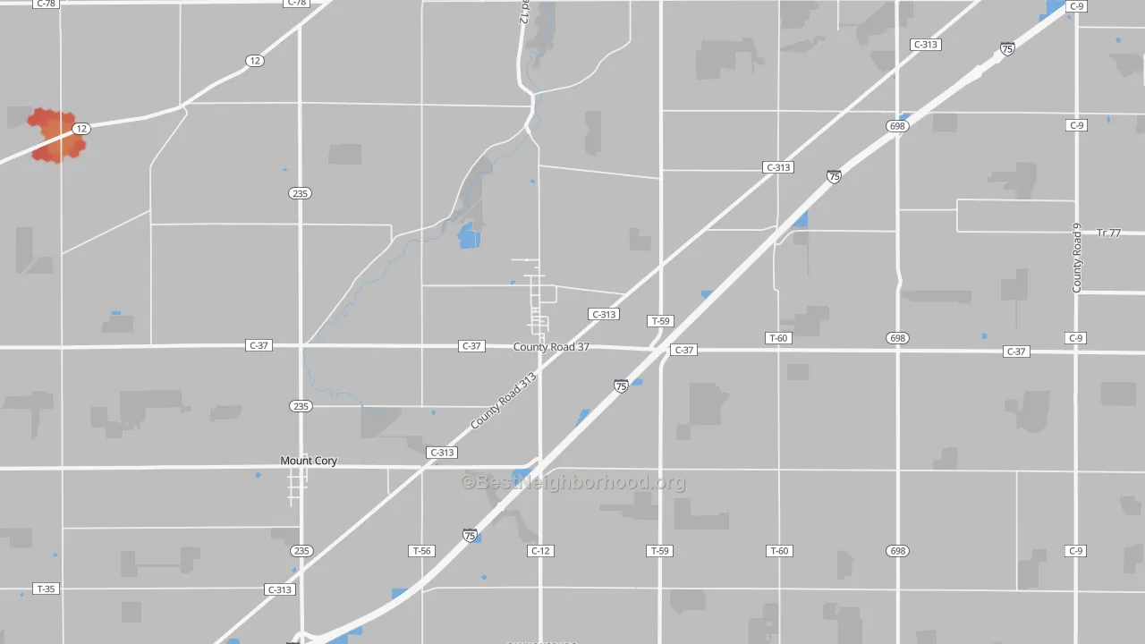 Walk Grade map of Rawson, OH, walkable areas in green and car-dependent areas in red